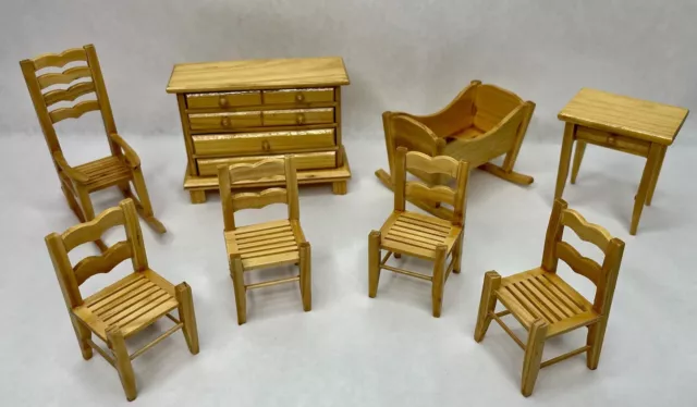 Table And Chairs Dresser Bassinet Natural Wood Doll House Furniture 8 Pc.