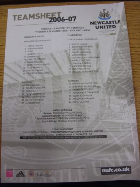 24/08/2006 Colour Teamsheet: Newcastle United v FK Ventspils [UEFA Cup] . Good c