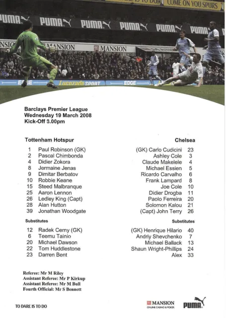 Teamsheet - Tottenham Hotspur v Chelsea 2007/8