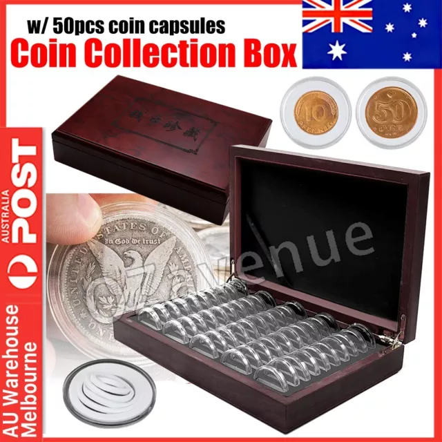 50X 46MM Coin Capsules Storage Box with Wooden Case Holder Collection Display