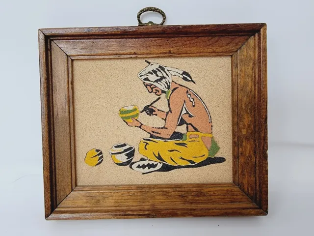 Vintage Native American Sand Art "Pottery Maker" Wood Framed Picture
