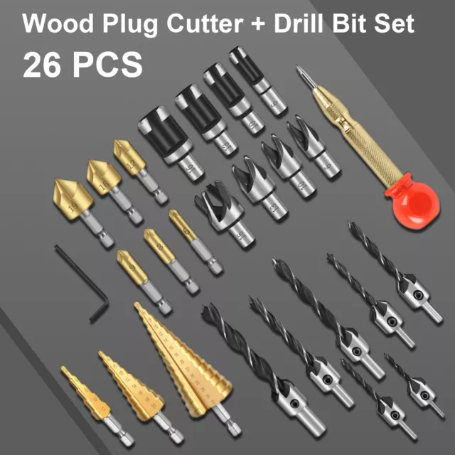 26Pcs Countersink Drill Bit Set Wood Plug Cutter  Woodworking Drilling Tool Set
