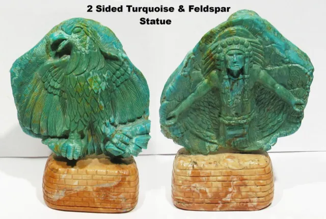 Large Vintage Zuni Signed Hand Carved Turquoise Indian Chief Eagle Statue Fetish