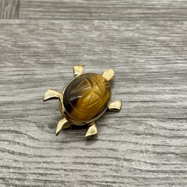 Vintage 1950's Bal Ron 12KT Gold Filled Tigers Eye Scarab Turtle Brooch Pin 2