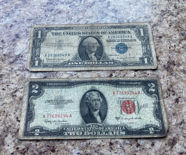 1957B $1 Dollar Silver Certificate Blue Seal & 1953 $2 Dollar Bill Red Seal Note