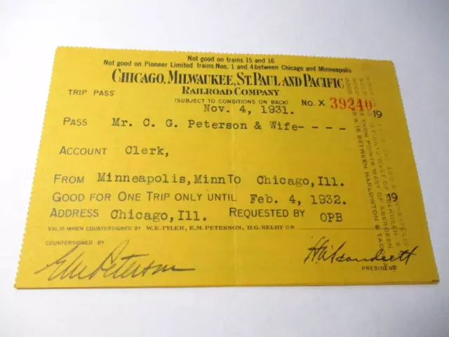 Vintage 1931 Chicago Milwaukee St Paul & Pacific Railroad Trip Pass Ticket