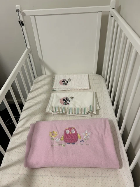 Wooden Baby Cot White With Mattress, Sheets & Blanket
