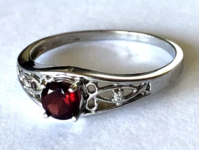 14K White Gold Filigree Design Rhodolite Garnet 2 Ladies Diamond Ring Size 9.5