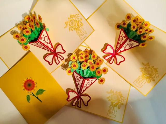 Origami Pop Cards Gold Sunflower Bouquet 3D Pop Up Greeting Card Happy Birthday