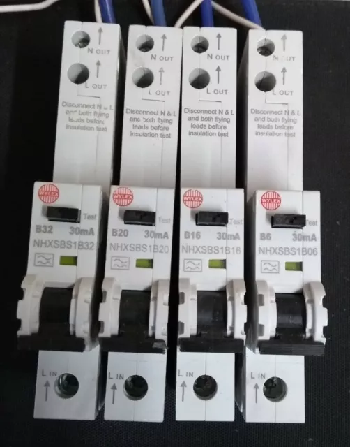 Wylex NHXS RCBO's 30mA  50A, 40A, 32A, 20A, 16A, 6A. Type B 6k.  All Live Tested