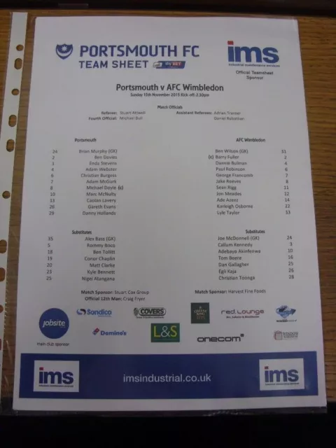 15/11/2015 Colour Teamsheet: Portsmouth v AFC Wimbledon  . Any faults with item