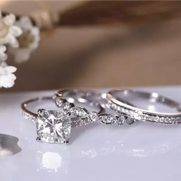 Moissanite Trio Set Engagement Ring Solid 14K White Gold 2.50 CT Cushion Cut