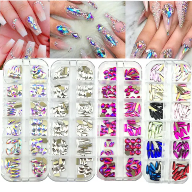 Nail Art Rhinestones Mix Flatback Glass Gems Glitter Crystals 3D Tips Decoration