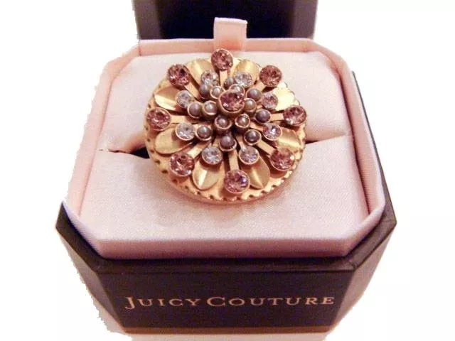 Bague cocktail vintage mode JUICY COUTURE or rose z CZ perle + boîte cadeau 3