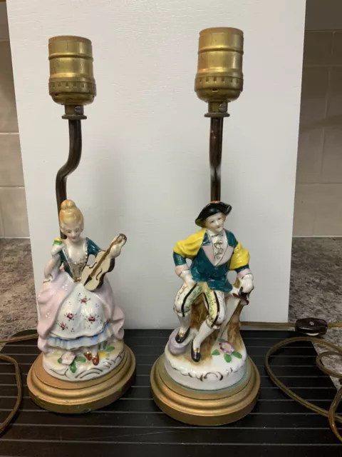 LAMPS: Bisque Porcelain Pair Of Lamps, Ornate Brass Victorian 1950’s, Antique