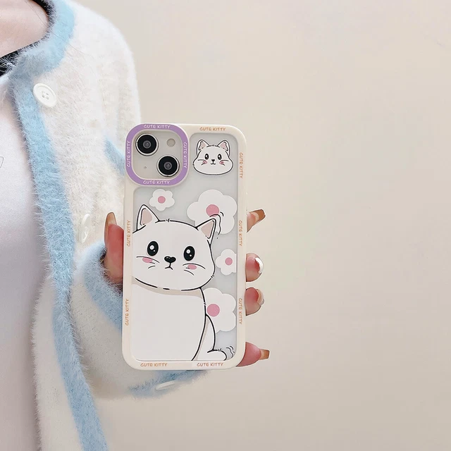 For iPhone 14 Pro Max 12 13 Pro Max 11 Cartoon Cute White Cat Clear Phone Case