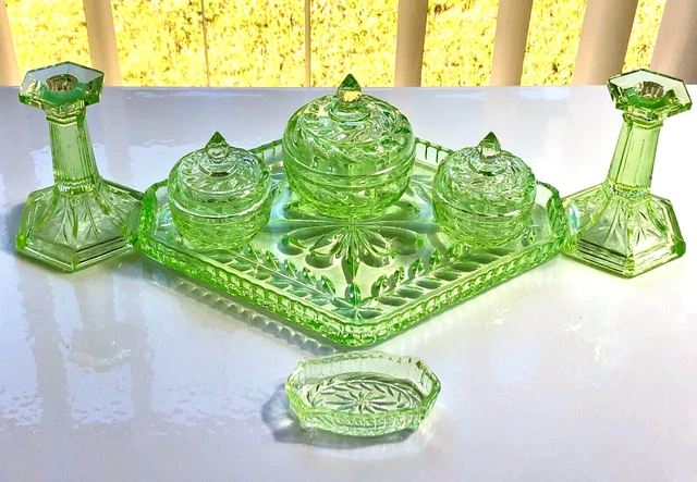 green emerald velvet dress Art Deco 1930s Dressing Table Set, Green with Uranium Glow *RARE FIND* –  That Retro Piece main image 1