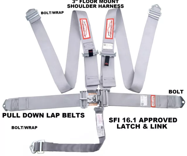 Sfi 16.1 Latch & Link 5 Point Racing Harness Seatbelt Floor Mount  Grey