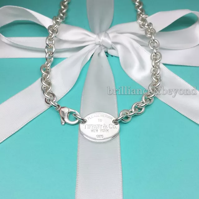 Return to Tiffany & Co. Oval Tag Necklace Choker 925 Sterling Silver Box + Pouch