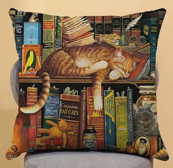 Kitty Cat Library Books Sleeping Relax Throw Pillow Cover Decorative Home Decor