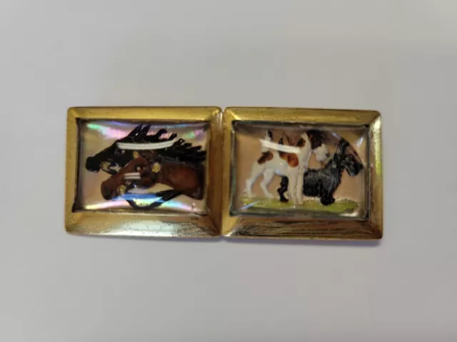RARO Broche Pintado a Mano Vidrio Reverso Caballos Antiguos y Fox Terrier Perros