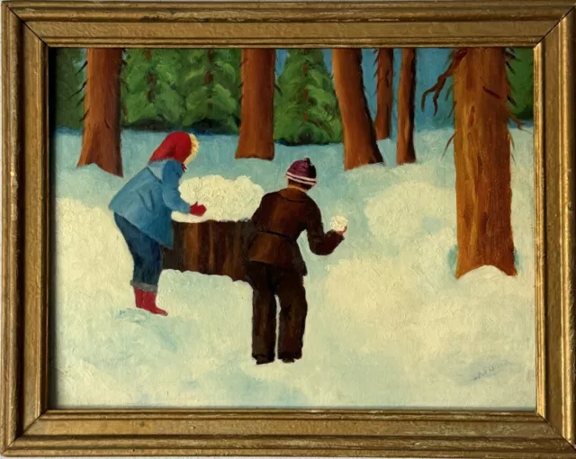 FIGURATIVE ANTIQUE MODERN  FOLK ART LANDSCAPE OIL PAINTING OLD WINTER SNOW 1950s