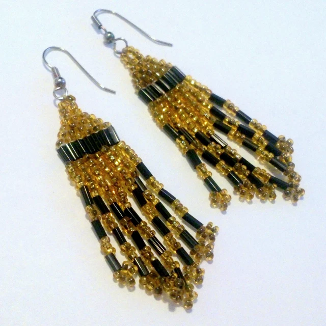 Vintage Handmade Peyote Stitch Seed Bead Earrings Black Gold