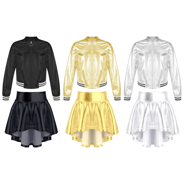 Giacca metallica bambina gonna arricciata hip hop crop top set tuta da ballo