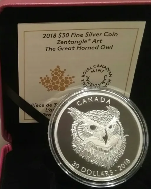 2018 Great Horned Owl Zentangle Art $30 2OZ Silver Proof Coin Canada Mintage4000