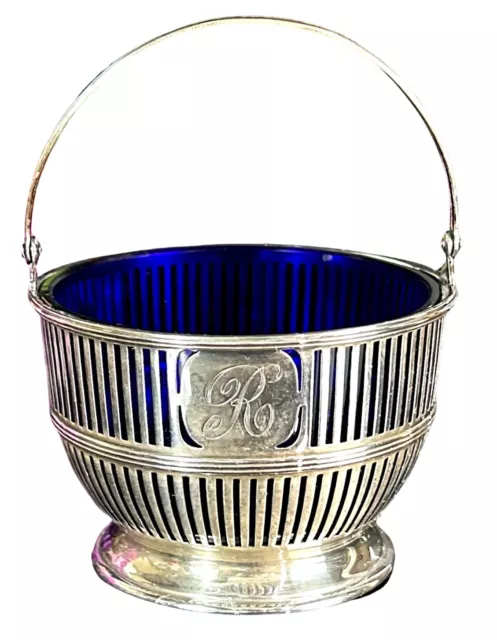 Antique Watson Sterling Silver Sugar Basket Cobalt Blue Glass Insert