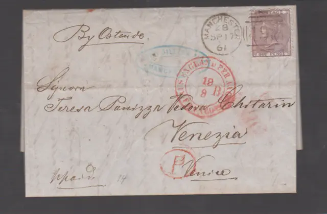 GB QV SG 70 6d Pale Lilac on Cover to Venice via Ostende 1861 Blue Oval Cancel