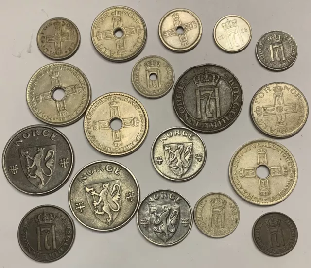 Kingdom of Norway 1908 to 1952 18 piece Norwegian  Ore - Krone Coin Lot