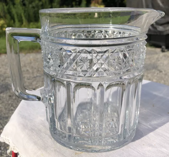 Tall Pressed Clear Glass Water Pitcher Diamond and Leaf Pattern