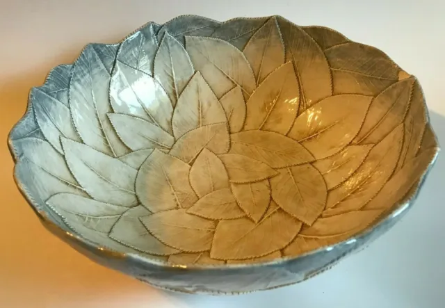 MAJOLICA POTTERY ~ LARGE CREAM with GRAY LEAF SALAD BOWL ~ MADE IN ITALY ~ 11"