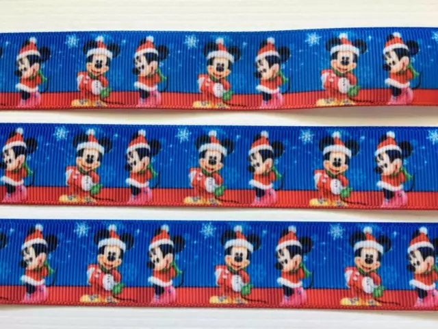 BB Ribbon MICKEY & MINNIE CHRISTMAS ON BLUE 2m grosgrain 1" 25mm xmas