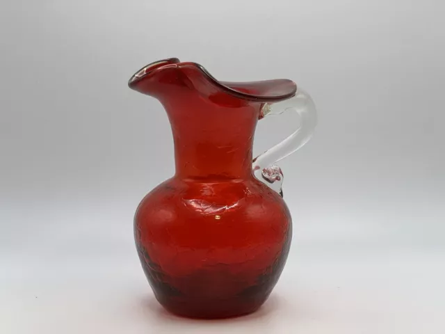 Ruby Red Crackle Glass Bud Vase Cream Pitcher Clear Crest Applied Handle