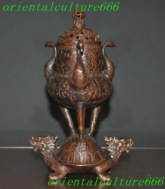 9.2"China bronze Feng shui bird head turtle Dragon turtle Incense burner Censer