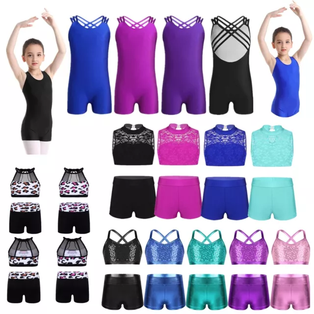 Kids Girls Ballet Dance Sport Outfit Gymnastics Workout Crop Top Bootyshorts Set