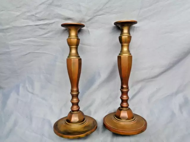 Antique Beautiful Pair of Large Heavy Brass Candle Holders 11"High