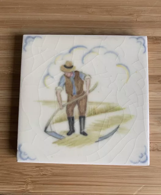 Pilkington’s Hand Painted Tile Farm Hand Mowing with Scythe Vintage Farmer