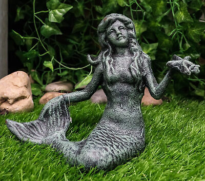 Nautical Siren Mermaid Holding Starfish Cast Iron Rustic Verdigris Statue 6.5"H