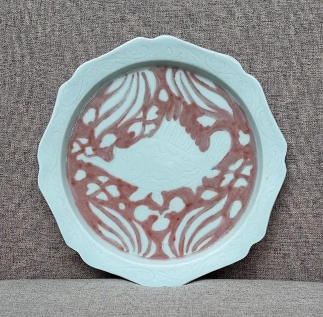 Small chinese antique yuan underglaze red porcelain dish fish motive