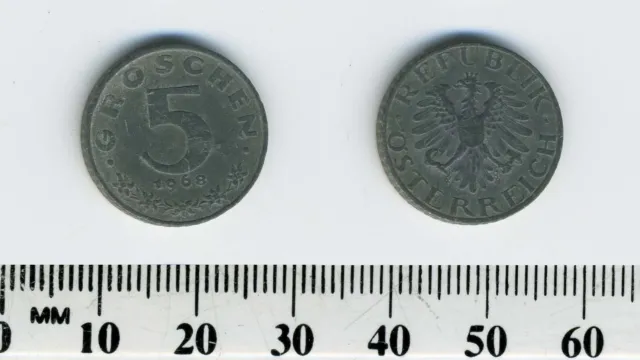 Austria 1968 - 5 Groschen Zinc Coin - Imperial Eagle with Austrian shield 2