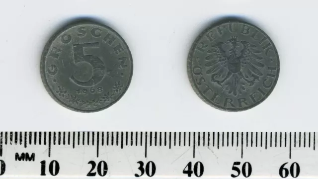 Austria 1968 - 5 Groschen Zinc Coin - Imperial Eagle with Austrian shield 2