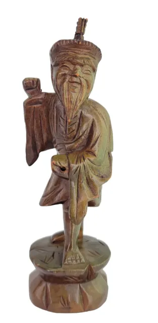Chinese Figurine Happy Fisherman Hand Carved Wood Statue Unique Asian Gift