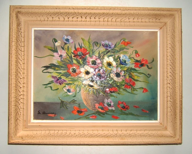Tableau Huile Sur Toile "Bouquet De Fleurs" Signé - Encadré - Décoration Murale