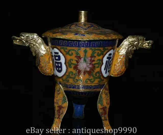 5.2" Marked Chinese Purple Bronze Cloisonne 2 Dragon Ear 3 Legs Incense Burner