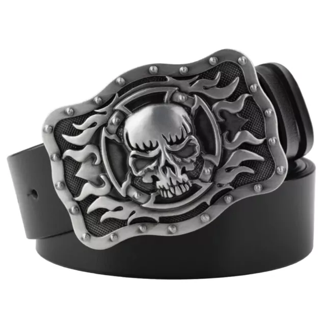 Real Leather Belt Retro Skull Buckle Waistband Punk Rock Biker Unisex Waist Belt