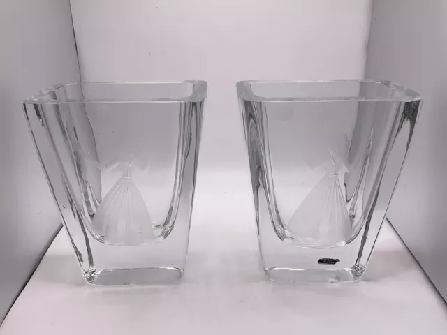 Pair Of Etched Glass Smalandshyttan Sweden Crystal Vases 1960's Some Damage