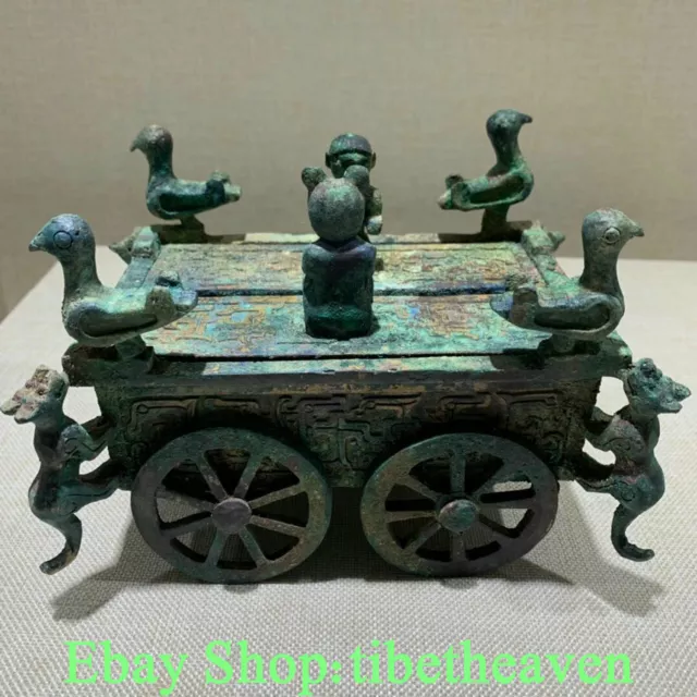 6.8" Rare Old Chinese Bronze Ware Dynasty Palace People Bird Beast War Chariot